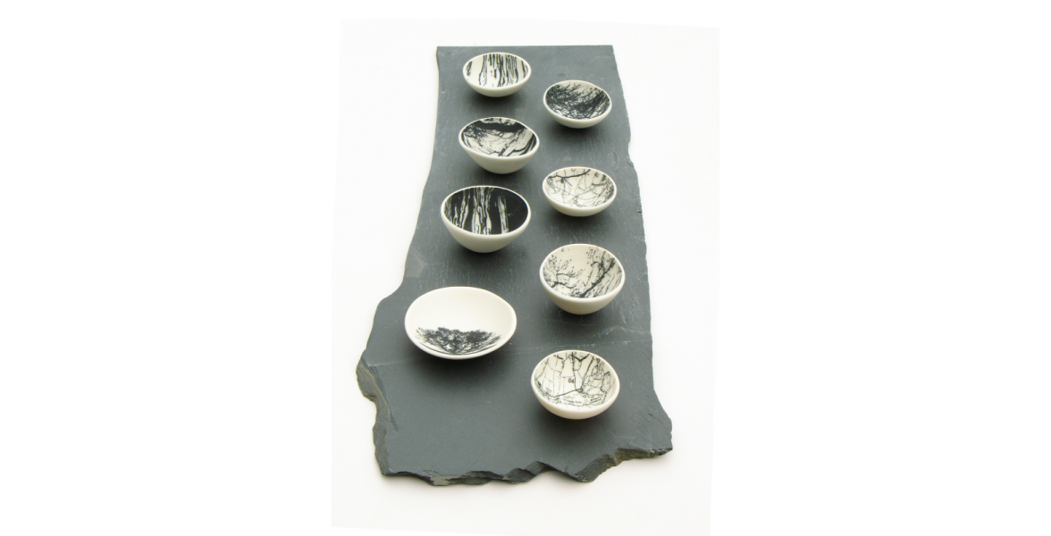 Small screen printed porcelain bowls