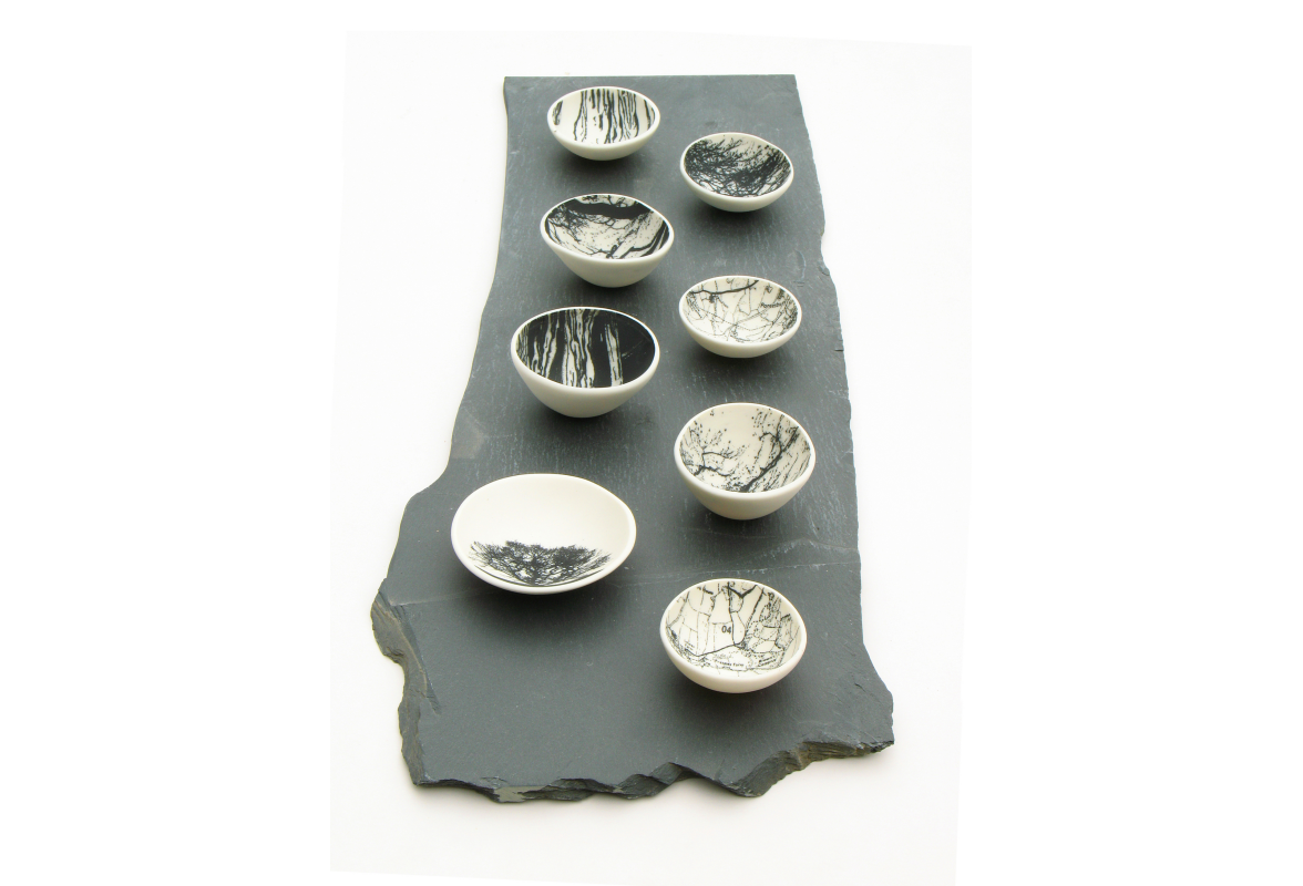 Small screen printed porcelain bowls