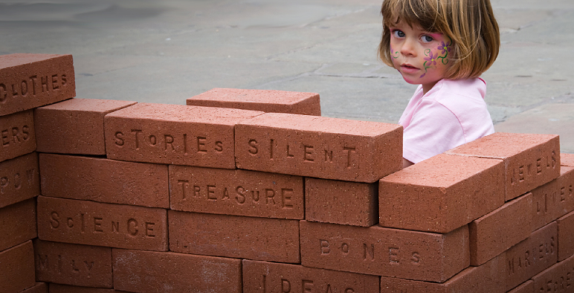 With Jess, brick building in the square - Museum Project