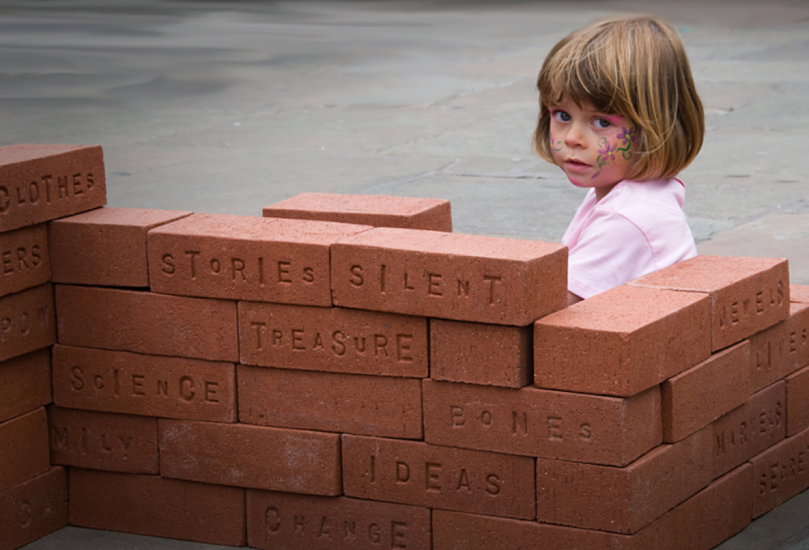 With Jess, brick building in the square - Museum Project