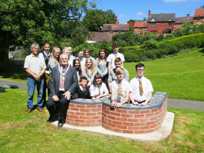 Completed bench with Mayor of Whitchurch and school students