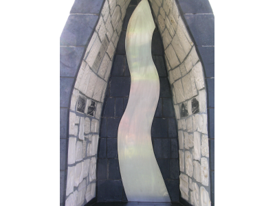 Inside of boat lined with tiles and textures, historical devals, poetry and a silver waterway