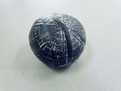 Stoneware sphere embossed with tree prints, decorated with porcelain slip and human ash. Ash contained within